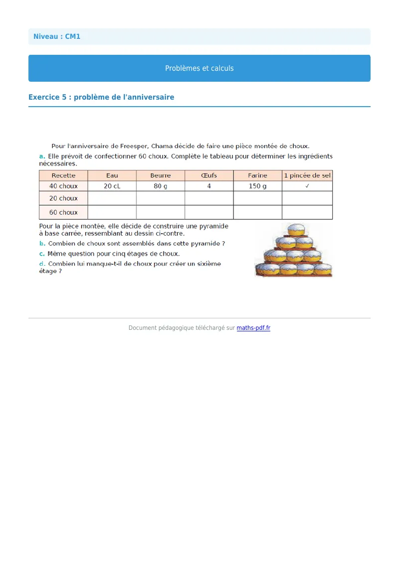 Problèmes et calculs : exercice n°5 de maths en CM1 corrigé en PDF