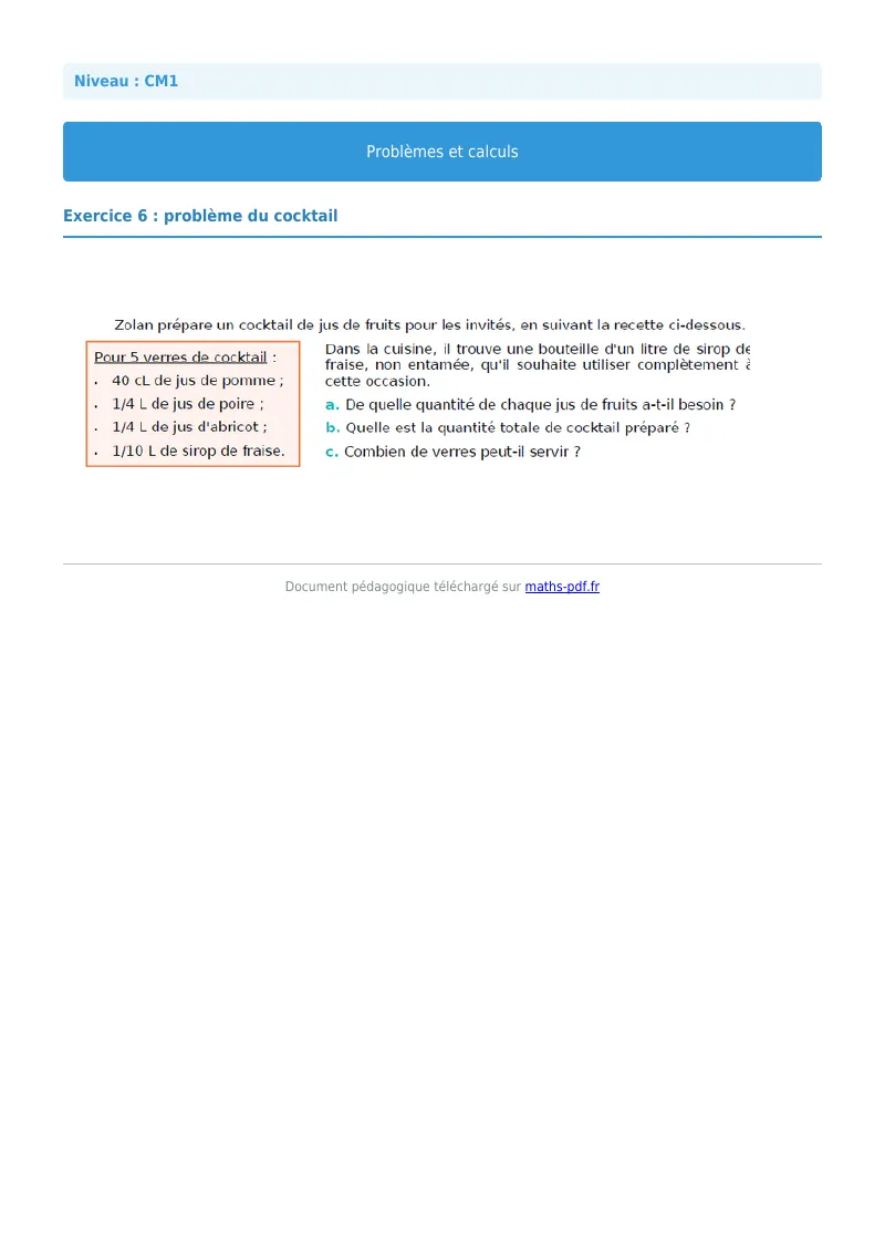 Problèmes et calculs : exercice n°6 de maths en CM1 corrigé en PDF