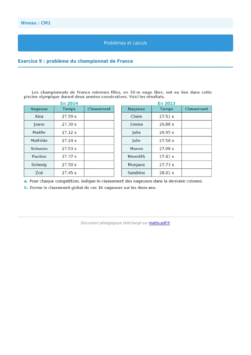 Problèmes et calculs : exercice n°9 de maths en CM1 corrigé en PDF