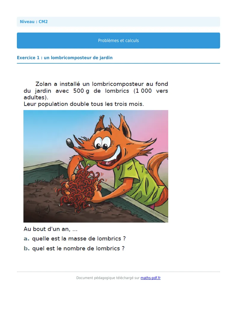 Problèmes et calculs : exercice n°1 de maths en CM2 corrigé en PDF