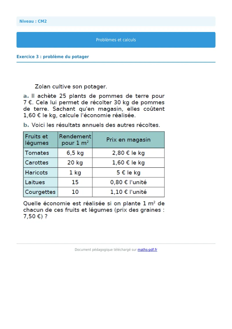 Problèmes et calculs : exercice n°3 de maths en CM2 corrigé en PDF