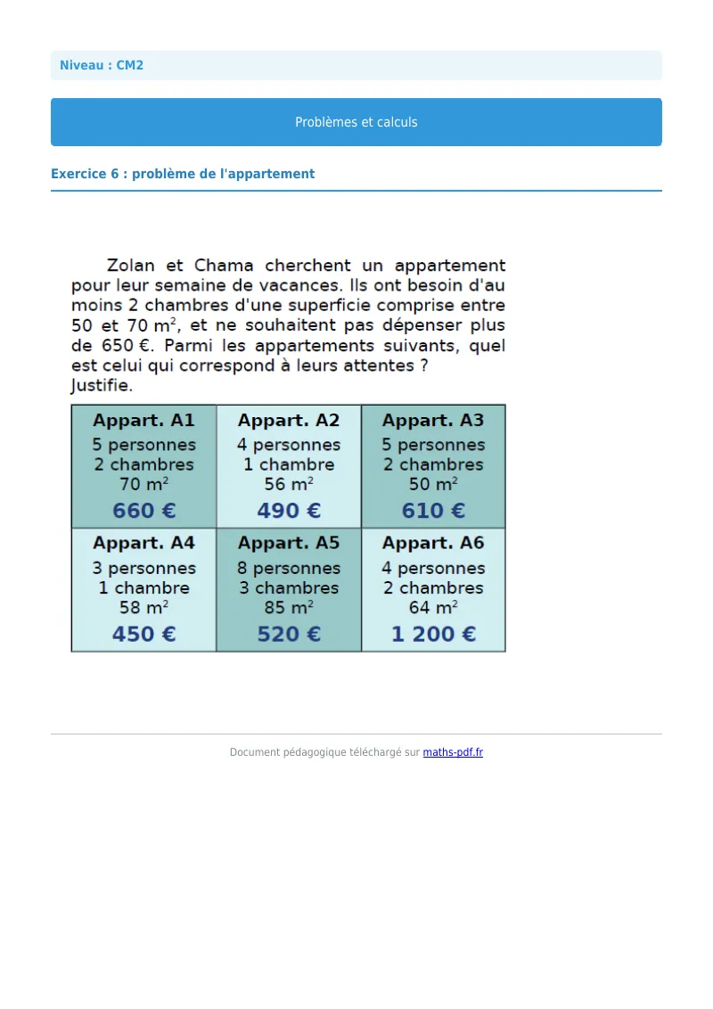 Problèmes et calculs : exercice n°6 de maths en CM2 corrigé en PDF