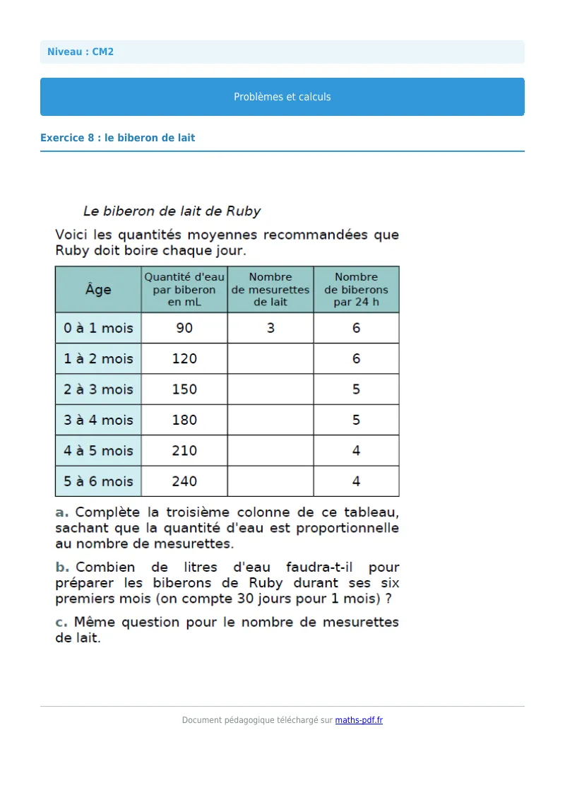 Problèmes et calculs : exercice n°8 de maths en CM2 corrigé en PDF