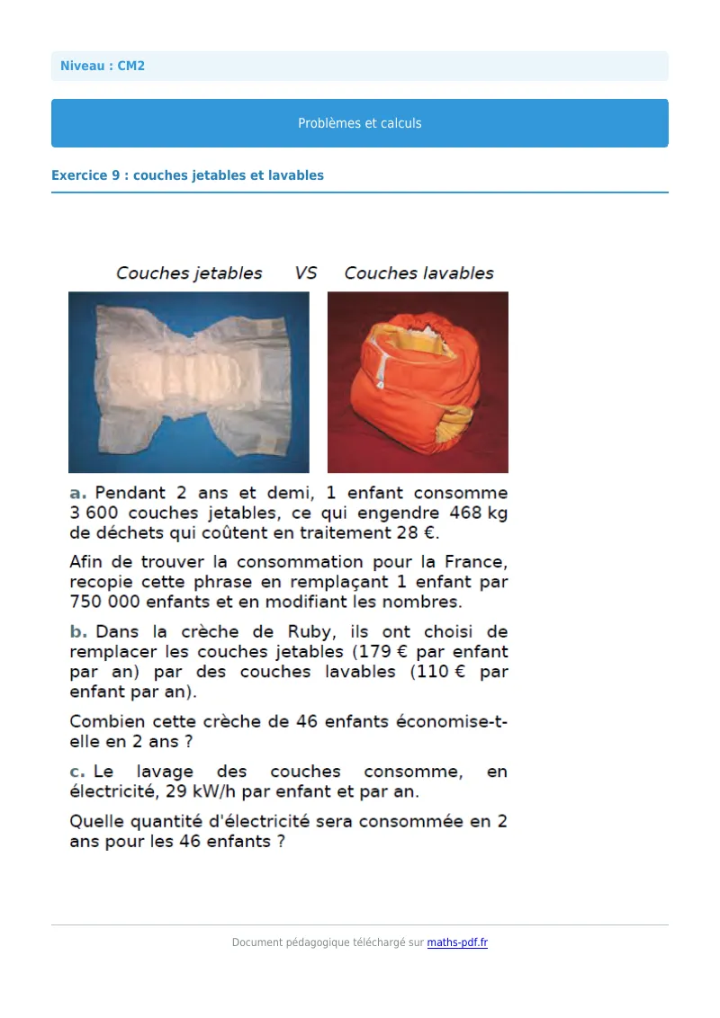 Problèmes et calculs : exercice n°9 de maths en CM2 corrigé en PDF