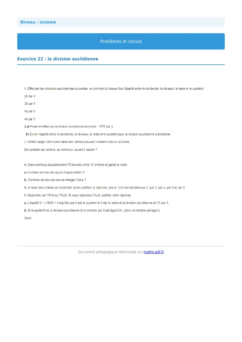 Problèmes et calculs : exercice n°22 de maths en 6ème corrigé en PDF