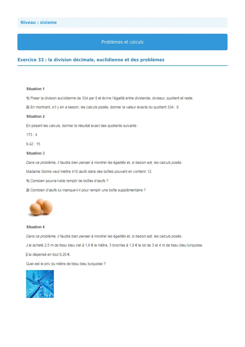 Problèmes et calculs : exercice n°33 de maths en 6ème corrigé en PDF