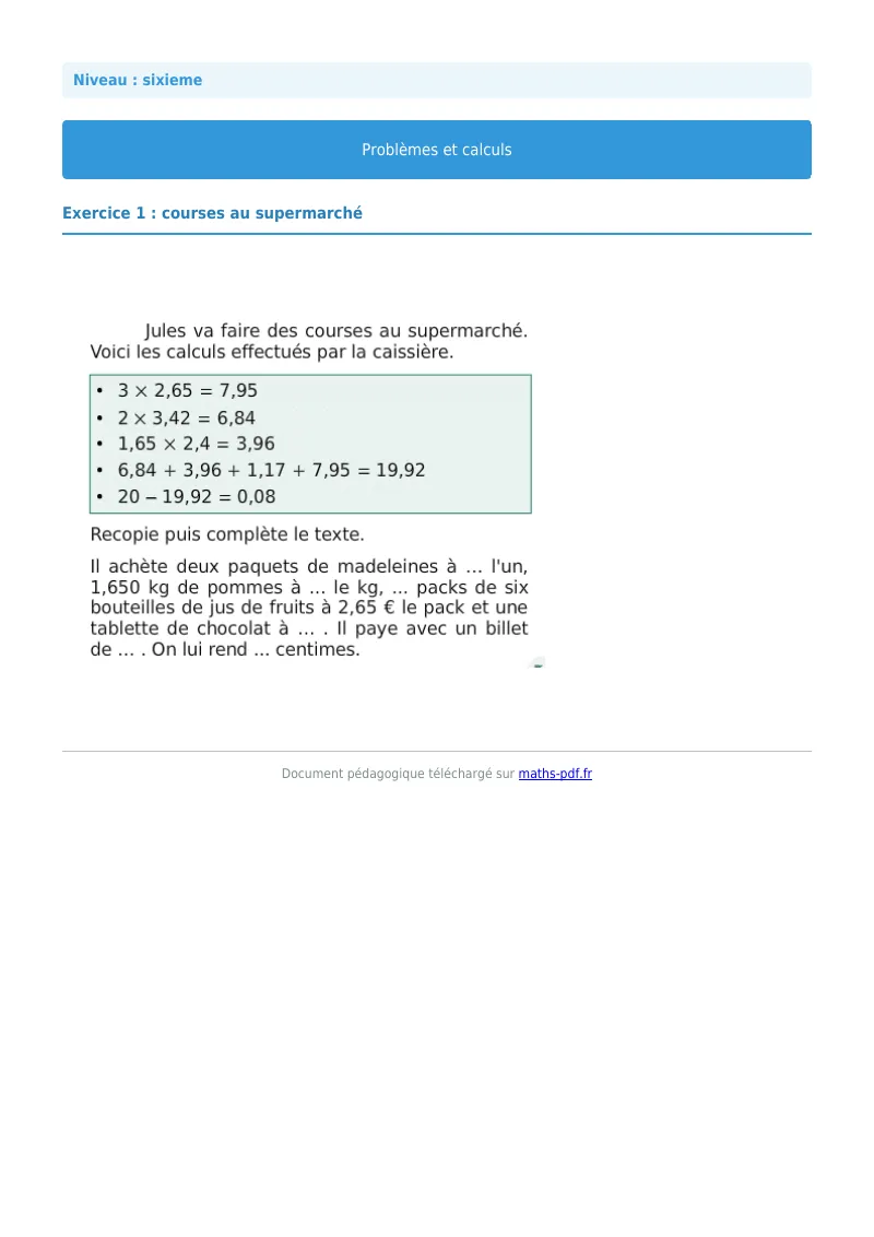 Problèmes et calculs : exercice n°1 de maths en 6ème corrigé en PDF