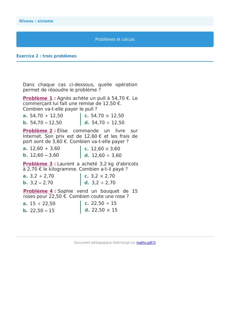 Problèmes et calculs : exercice n°2 de maths en 6ème corrigé en PDF