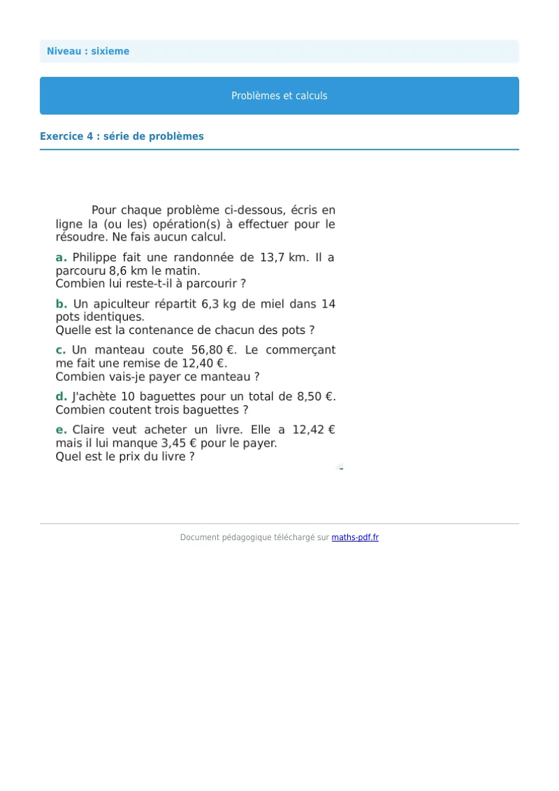 Problèmes et calculs : exercice n°4 de maths en 6ème corrigé en PDF