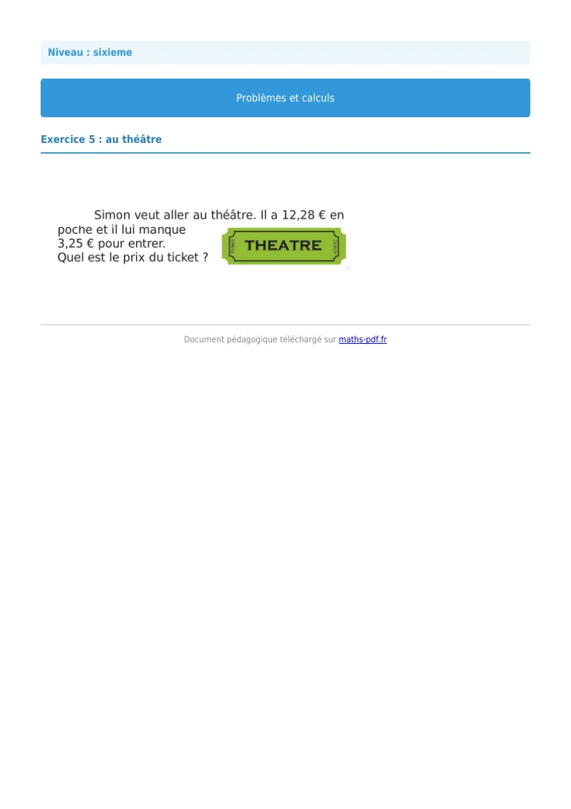 Problèmes et calculs : exercice n°5 de maths en 6ème corrigé en PDF