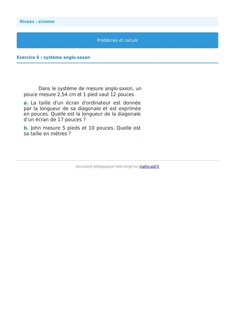 Problèmes et calculs : exercice n°6 de maths en 6ème corrigé en PDF