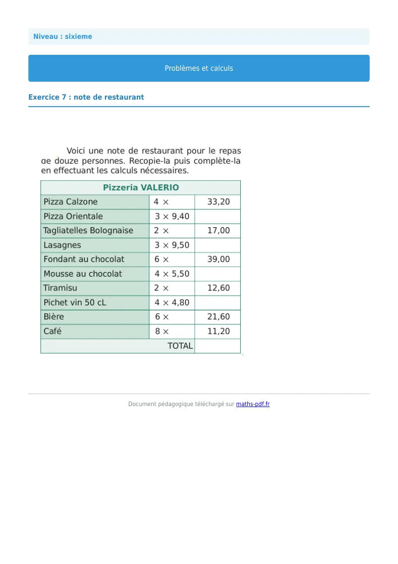 Problèmes et calculs : exercice n°7 de maths en 6ème corrigé en PDF