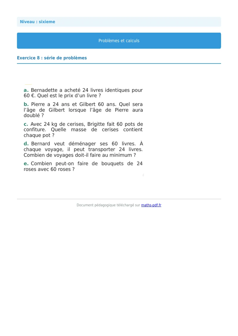 Problèmes et calculs : exercice n°8 de maths en 6ème corrigé en PDF