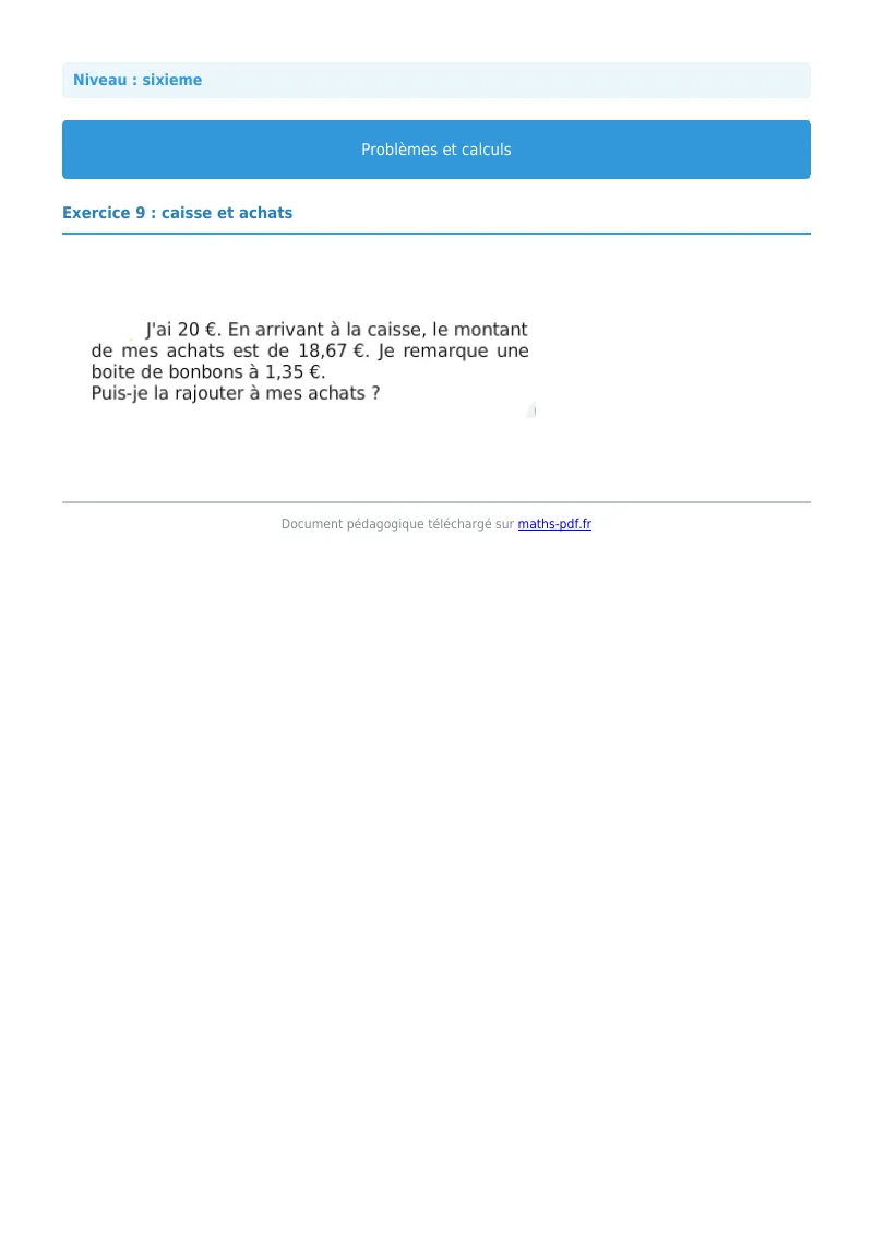 Problèmes et calculs : exercice n°9 de maths en 6ème corrigé en PDF