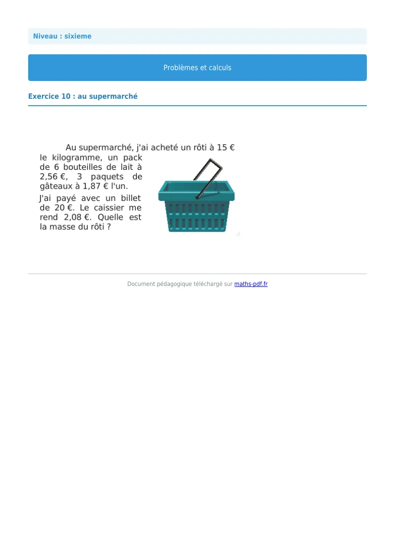Problèmes et calculs : exercice n°10 de maths en 6ème corrigé en PDF