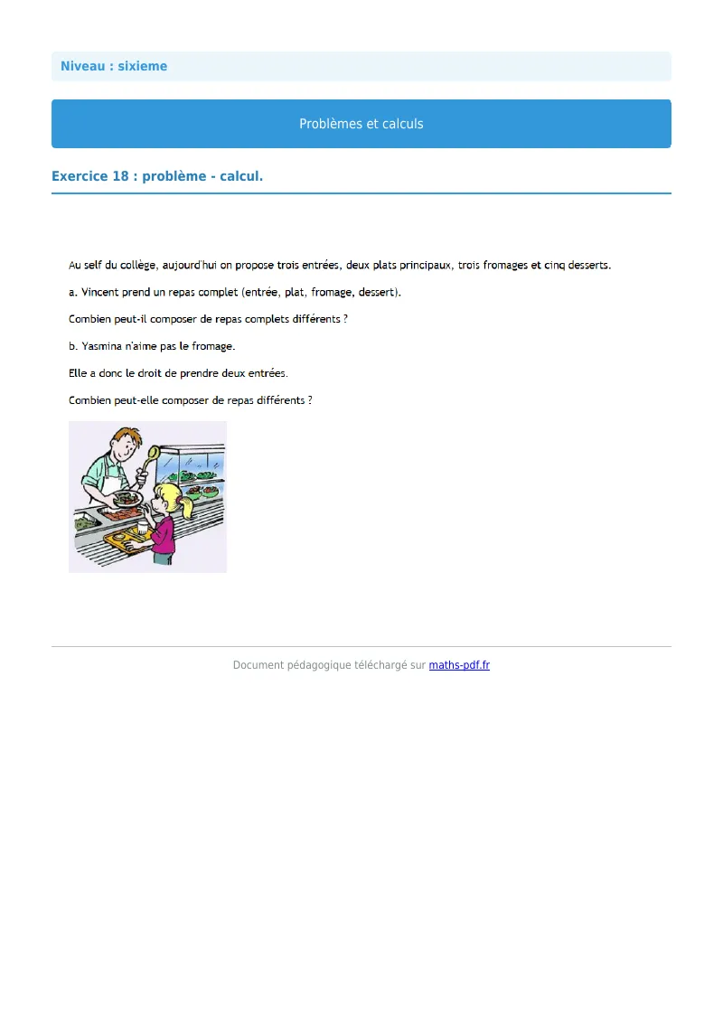 Problèmes et calculs : exercice n°18 de maths en 6ème corrigé en PDF