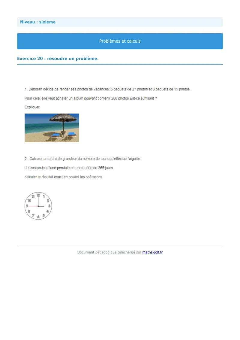 Problèmes et calculs : exercice n°20 de maths en 6ème corrigé en PDF