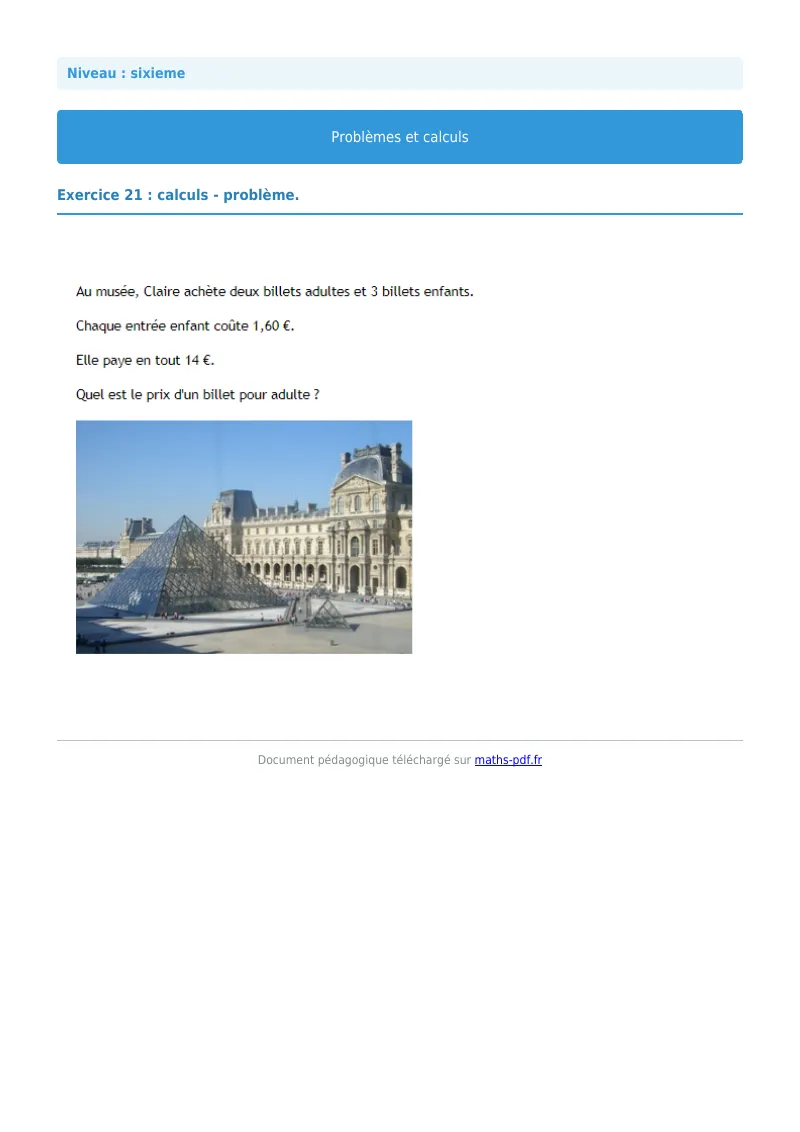 Problèmes et calculs : exercice n°21 de maths en 6ème corrigé en PDF