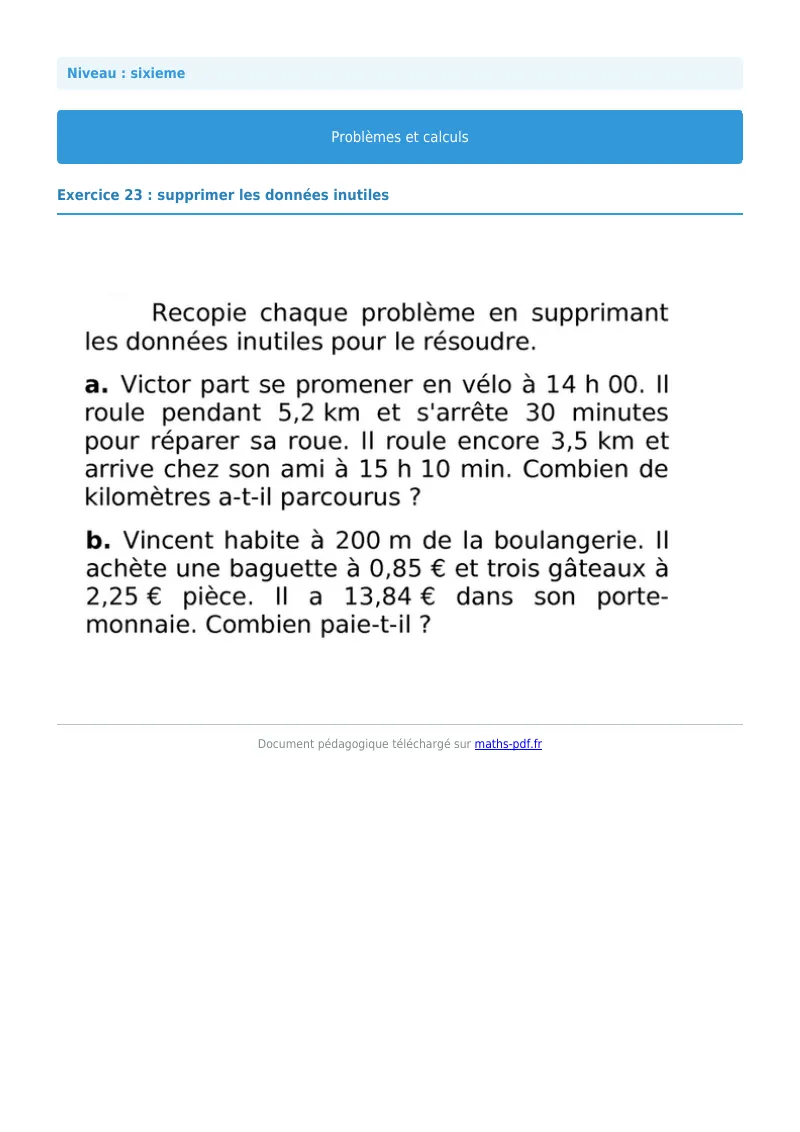 Problèmes et calculs : exercice n°23 de maths en 6ème corrigé en PDF