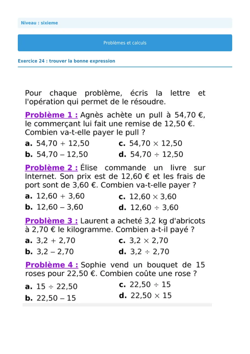 Problèmes et calculs : exercice n°24 de maths en 6ème corrigé en PDF