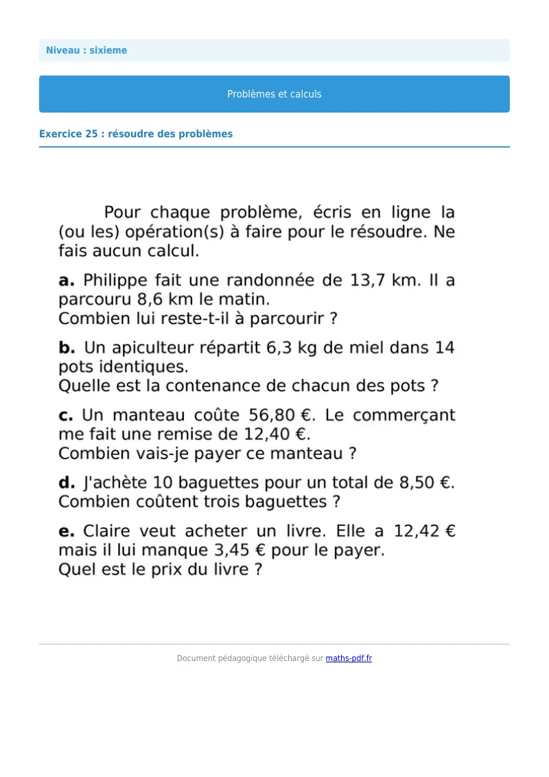 Problèmes et calculs : exercice n°25 de maths en 6ème corrigé en PDF