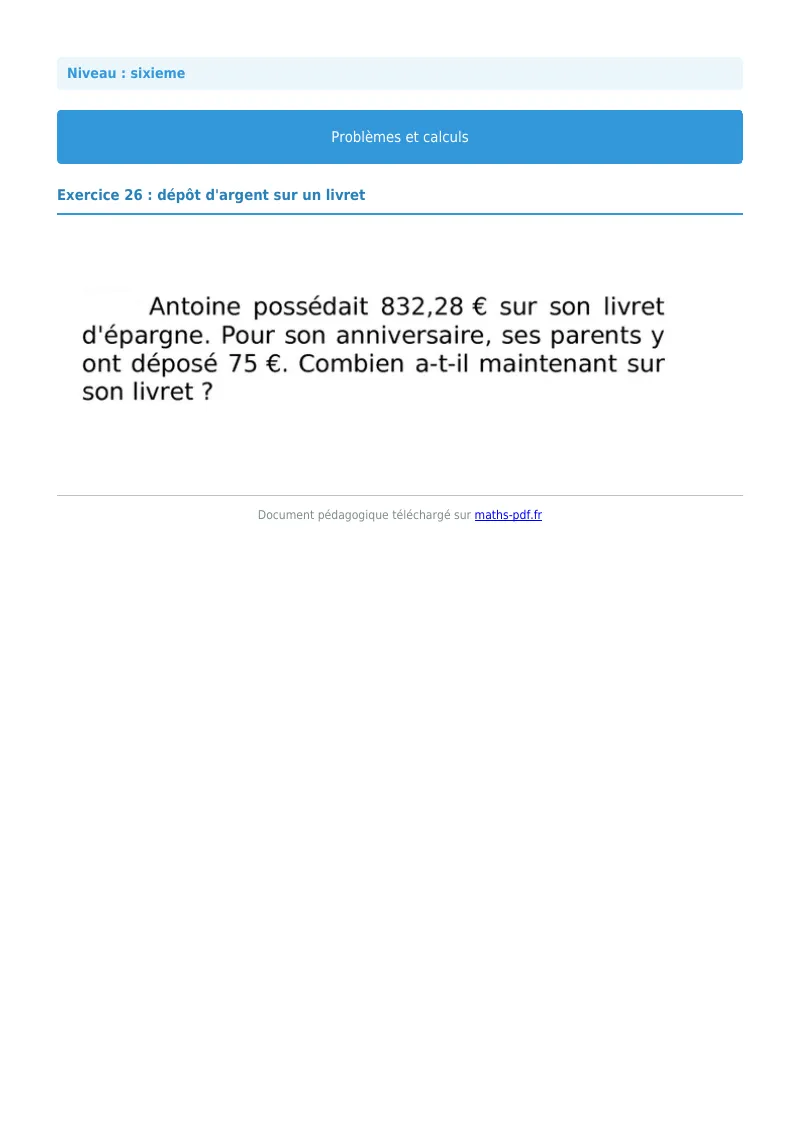 Problèmes et calculs : exercice n°26 de maths en 6ème corrigé en PDF