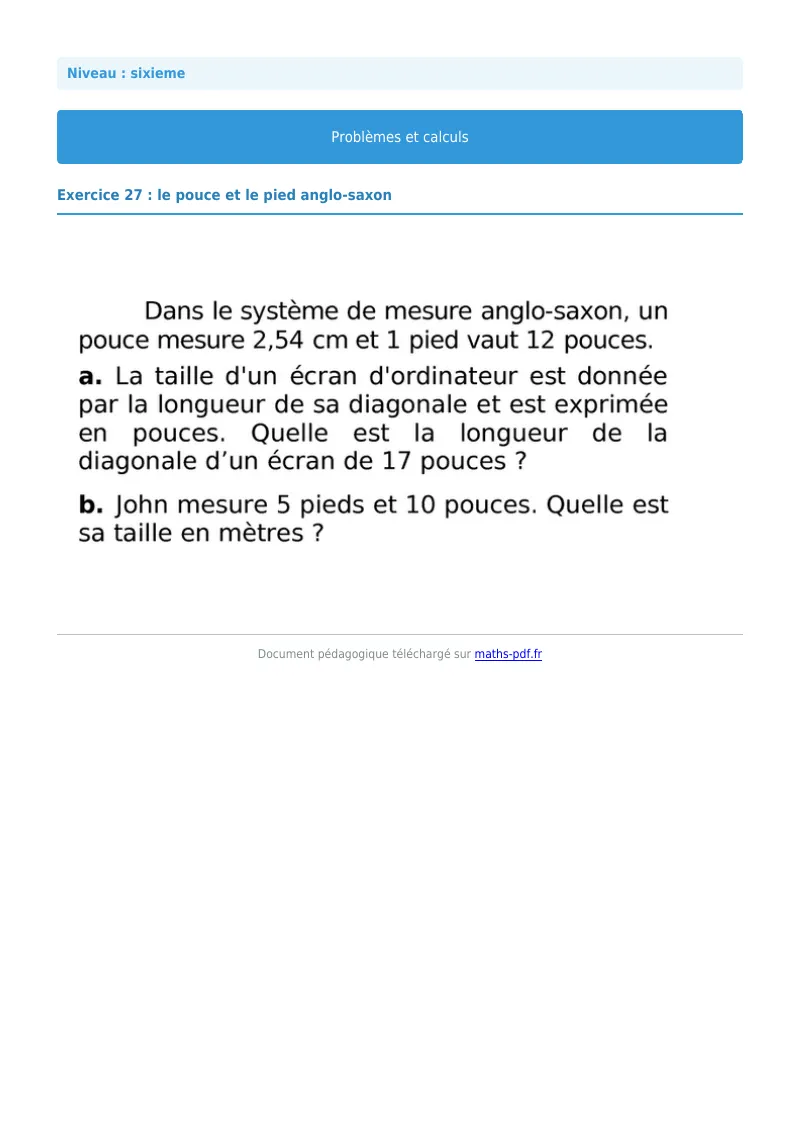 Problèmes et calculs : exercice n°27 de maths en 6ème corrigé en PDF