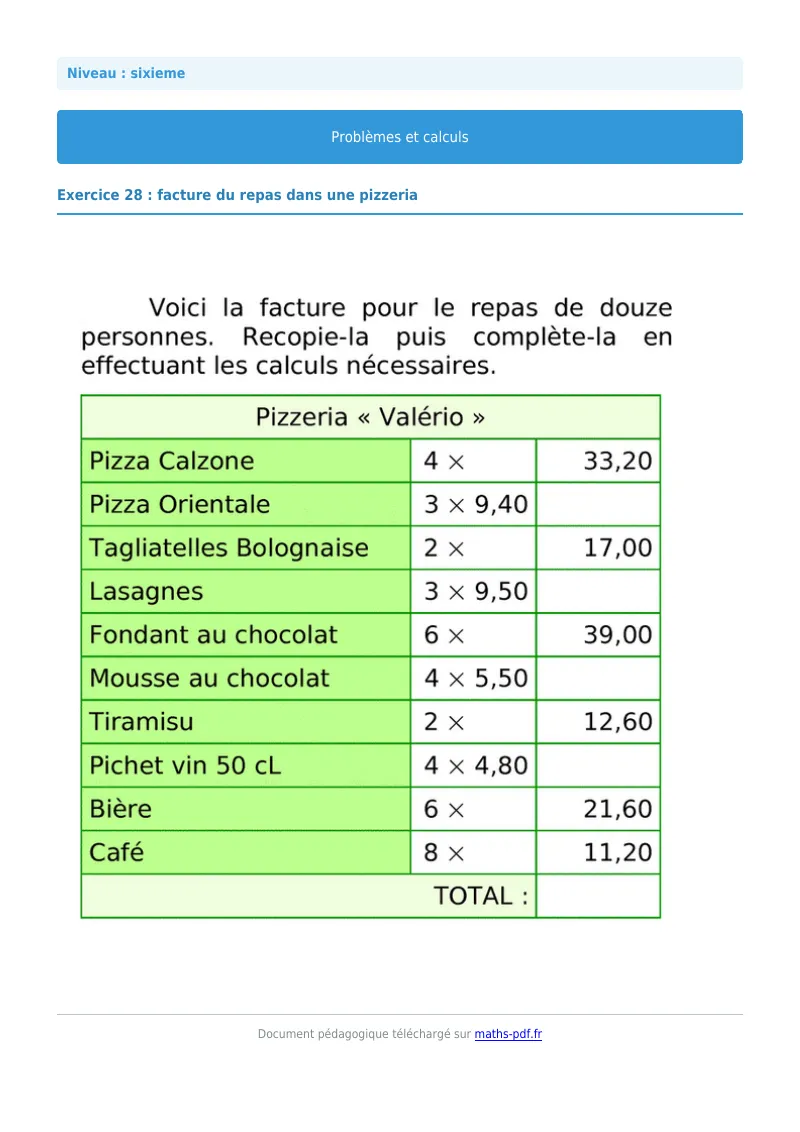 Problèmes et calculs : exercice n°28 de maths en 6ème corrigé en PDF