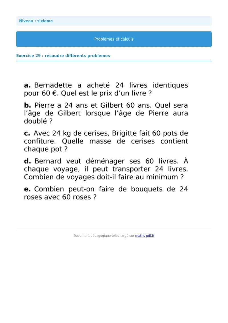 Problèmes et calculs : exercice n°29 de maths en 6ème corrigé en PDF