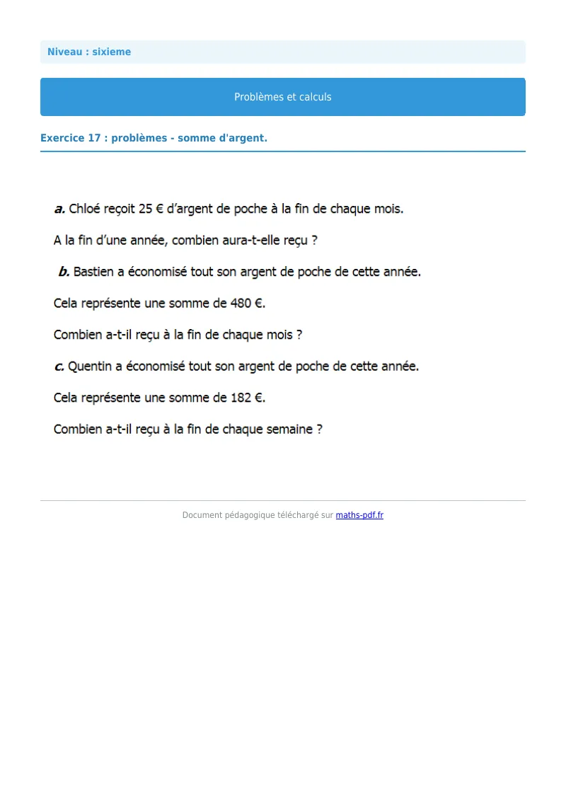 Problèmes et calculs : exercice n°17 de maths en 6ème corrigé en PDF