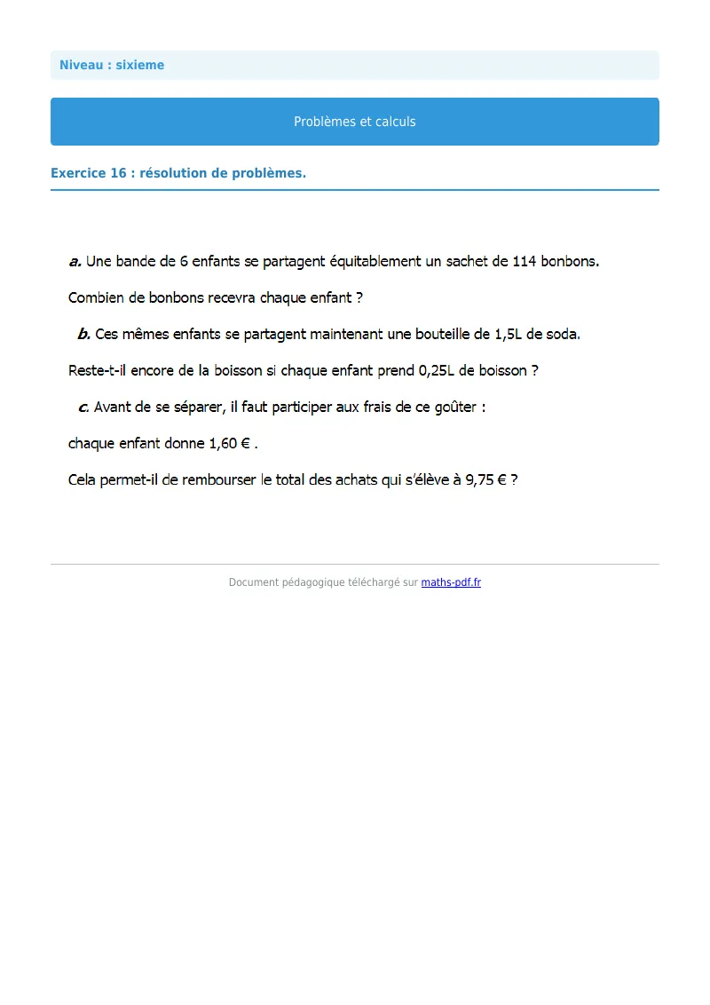Problèmes et calculs : exercice n°16 de maths en 6ème corrigé en PDF