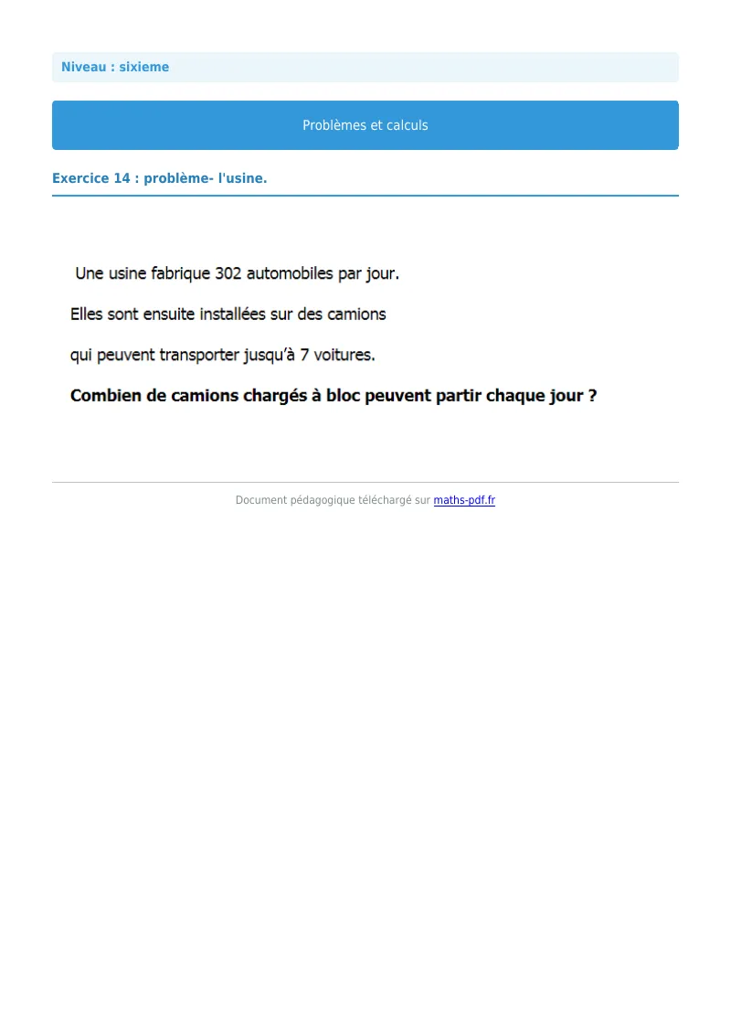 Problèmes et calculs : exercice n°14 de maths en 6ème corrigé en PDF