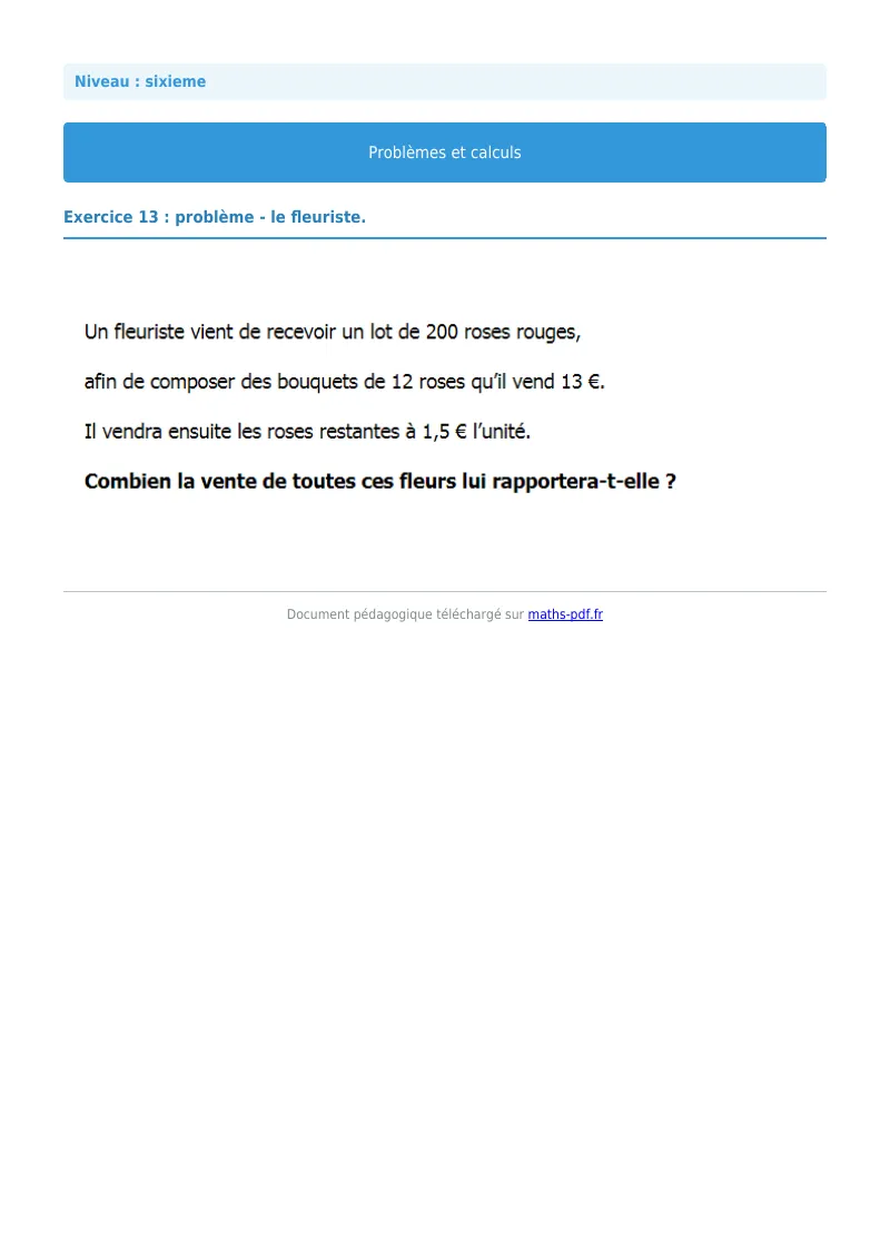 Problèmes et calculs : exercice n°13 de maths en 6ème corrigé en PDF