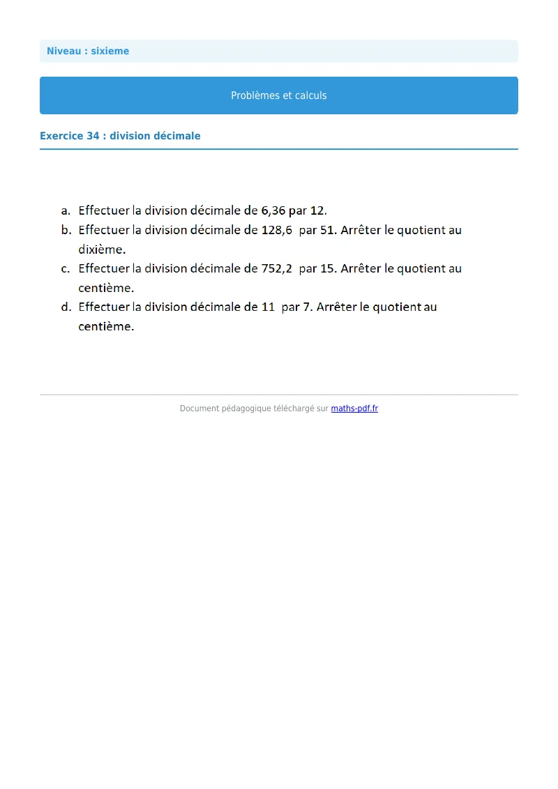 Problèmes et calculs : exercice n°34 de maths en 6ème corrigé en PDF
