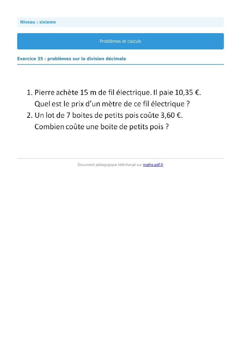 Problèmes et calculs : exercice n°35 de maths en 6ème corrigé en PDF