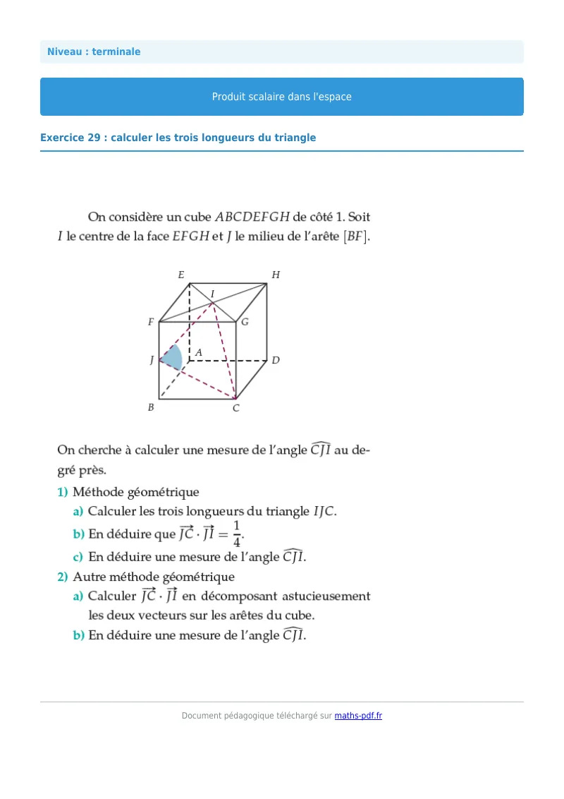 Produit scalaire de l’espace : exercice n°29 de maths en terminale corrigé en PDF