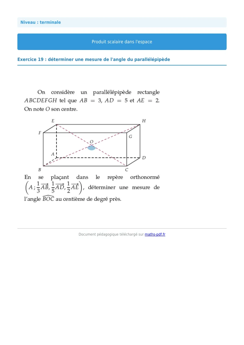 Produit scalaire de l’espace : exercice n°19 de maths en terminale corrigé en PDF