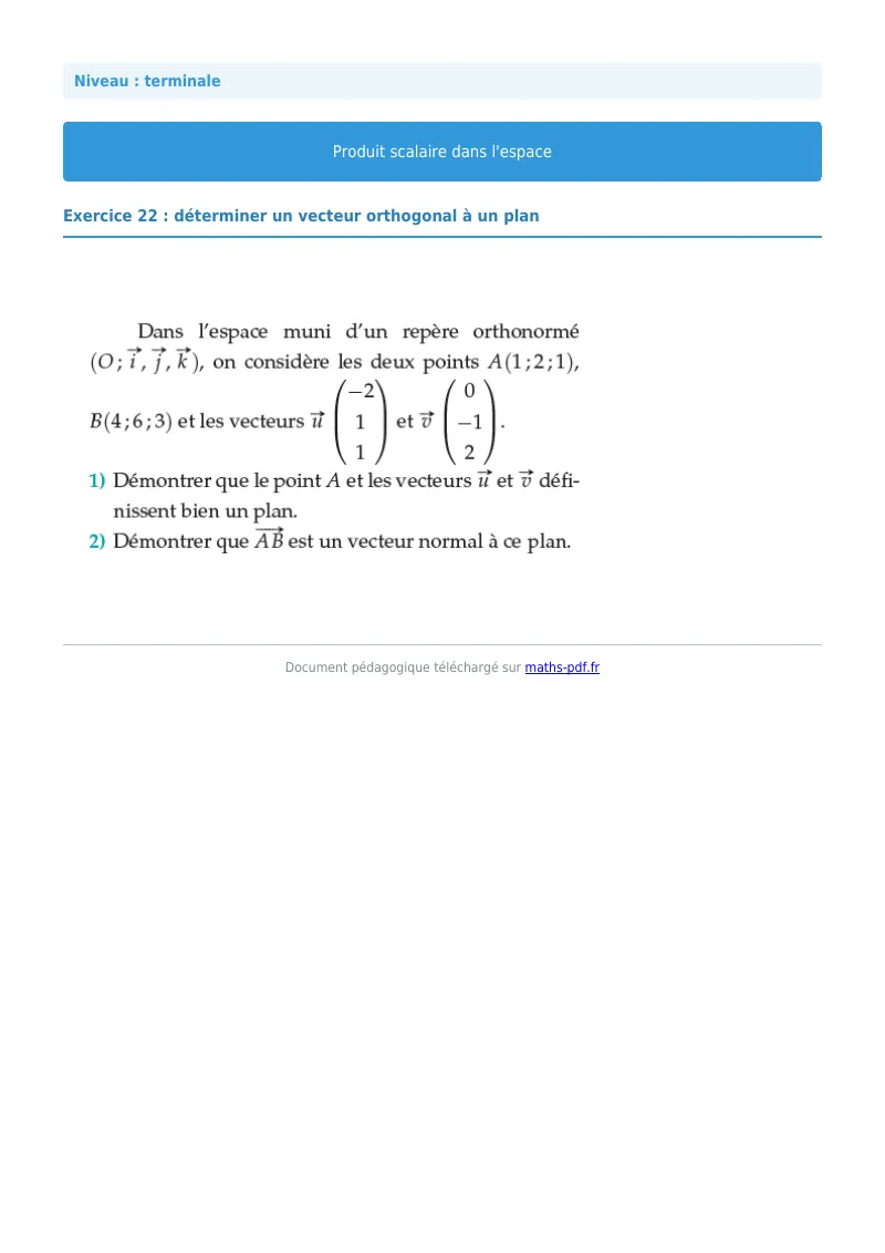 Produit scalaire de l’espace : exercice n°22 de maths en terminale corrigé en PDF