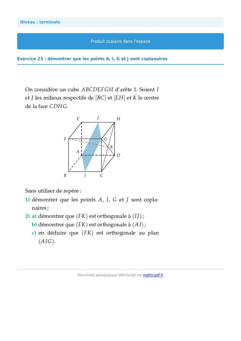 Produit scalaire de l’espace : exercice n°23 de maths en terminale corrigé en PDF