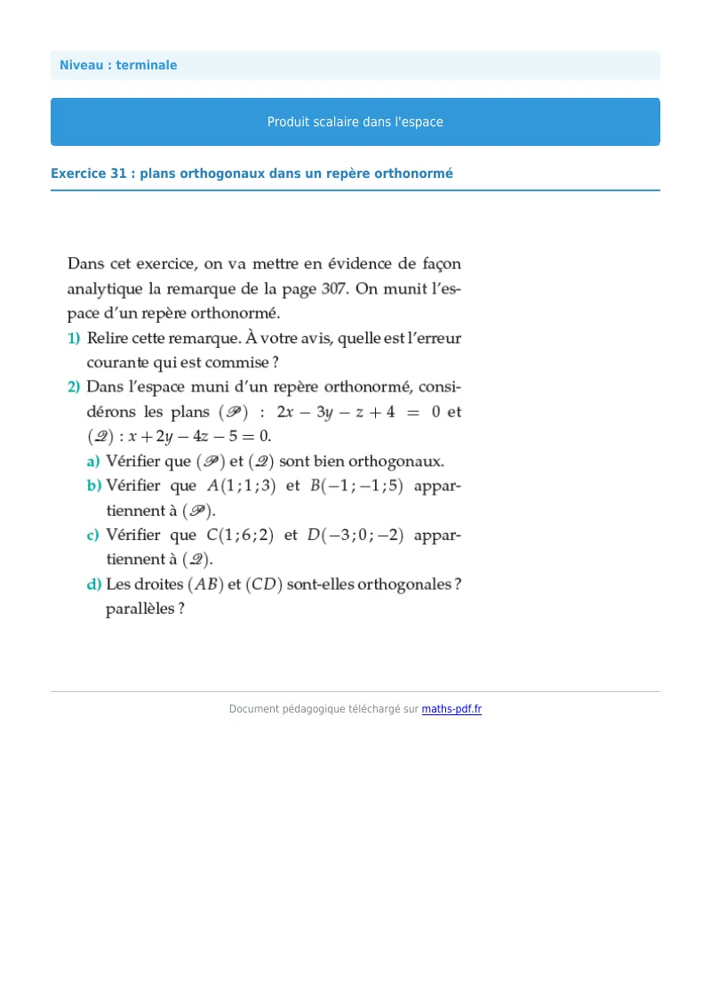 Produit scalaire de l’espace : exercice n°31 de maths en terminale corrigé en PDF