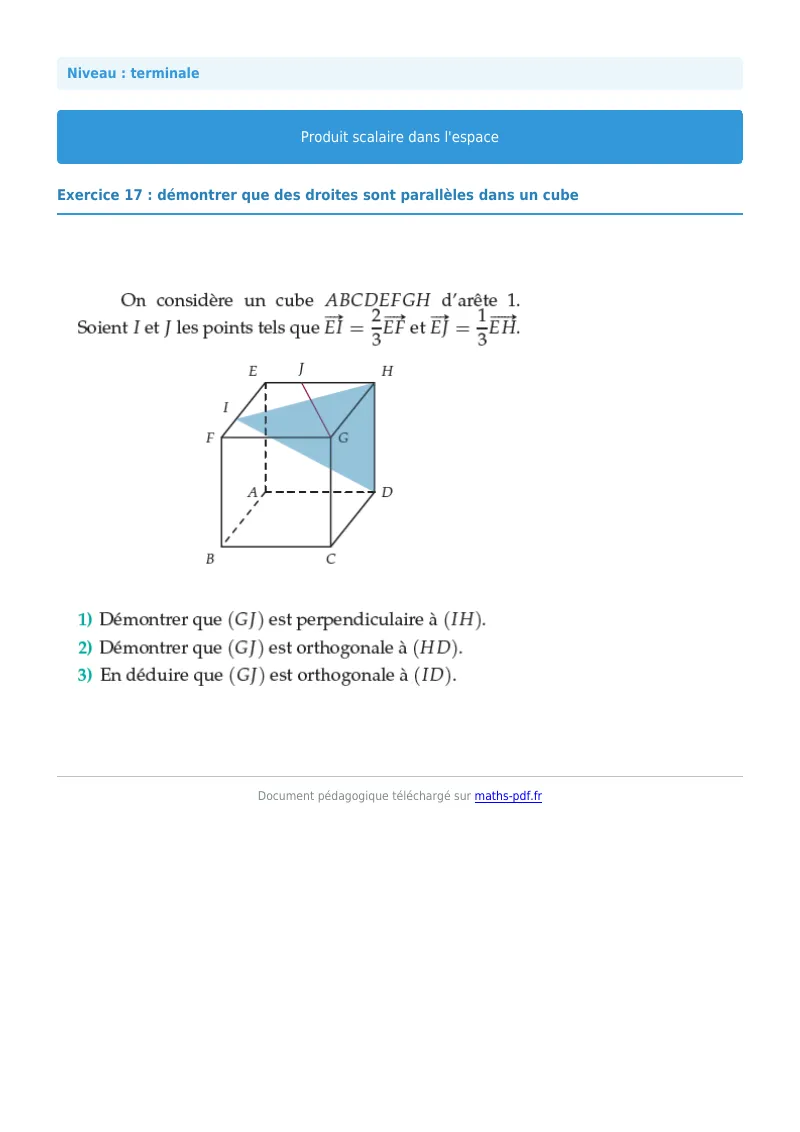 Produit scalaire de l’espace : exercice n°17 de maths en terminale corrigé en PDF