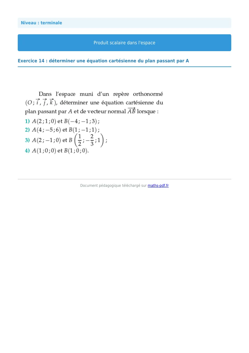 Produit scalaire de l’espace : exercice n°14 de maths en terminale corrigé en PDF