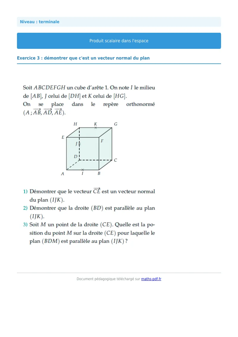 Produit scalaire de l’espace : exercice n°3 de maths en terminale corrigé en PDF