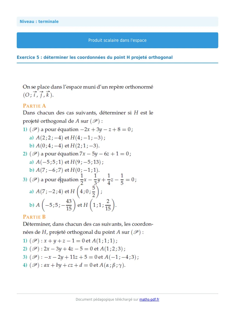 Produit scalaire de l’espace : exercice n°5 de maths en terminale corrigé en PDF