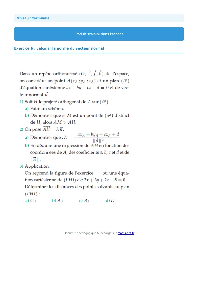Produit scalaire de l’espace : exercice n°6 de maths en terminale corrigé en PDF