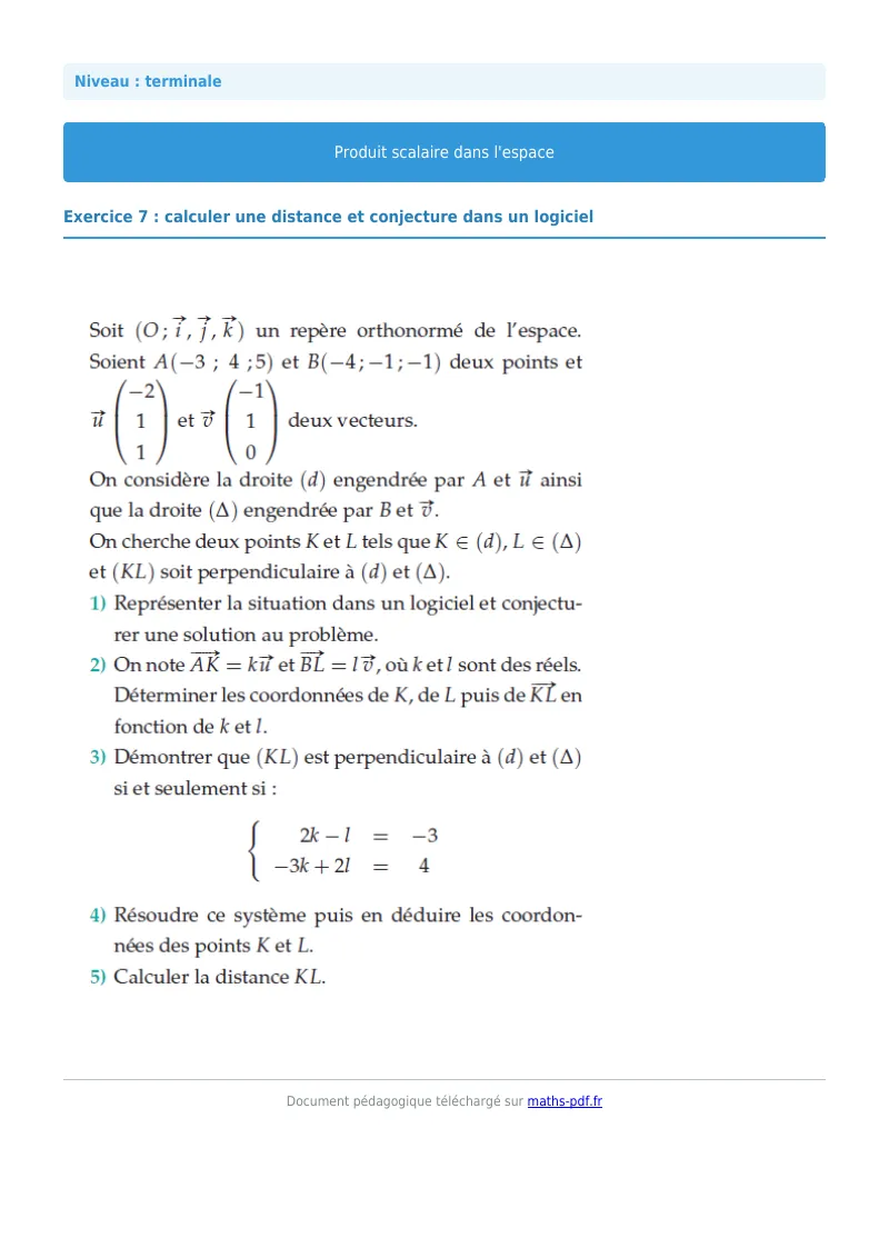 Produit scalaire de l’espace : exercice n°7 de maths en terminale corrigé en PDF