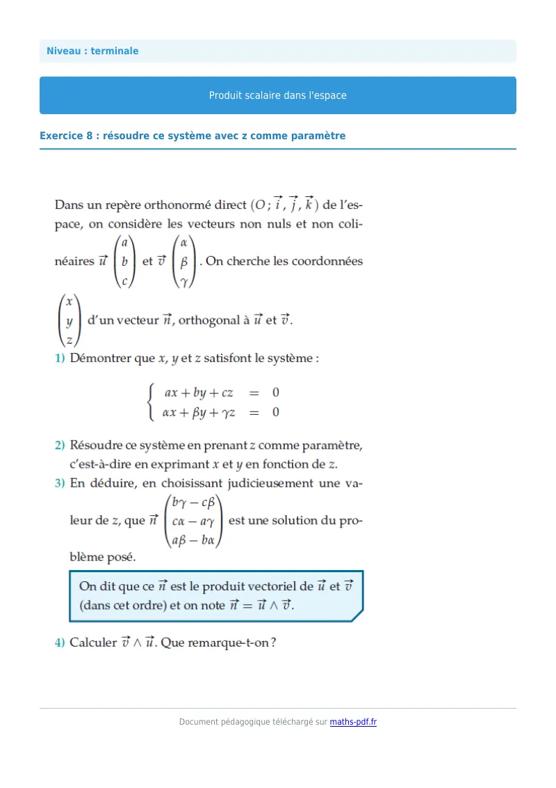 Produit scalaire de l’espace : exercice n°8 de maths en terminale corrigé en PDF