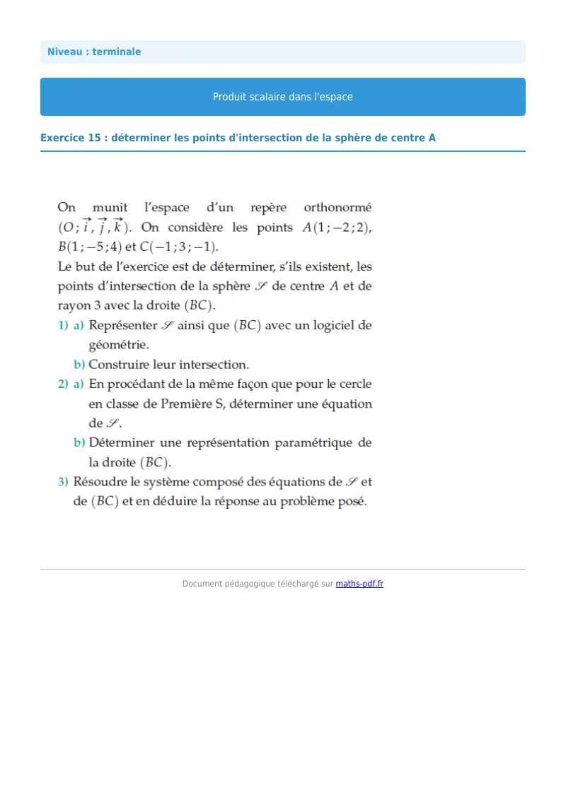 Produit scalaire de l’espace : exercice n°15 de maths en terminale corrigé en PDF