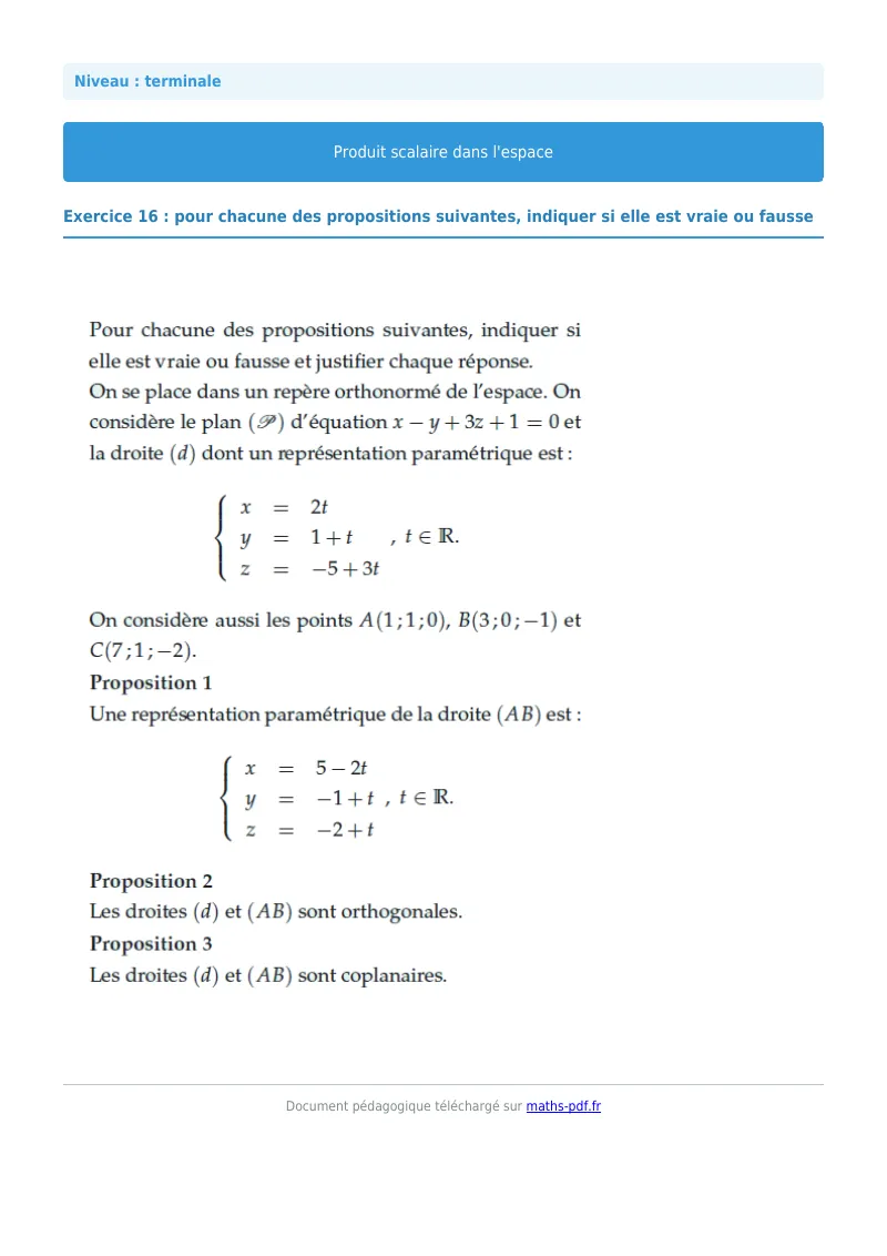 Produit scalaire de l’espace : exercice n°16 de maths en terminale corrigé en PDF
