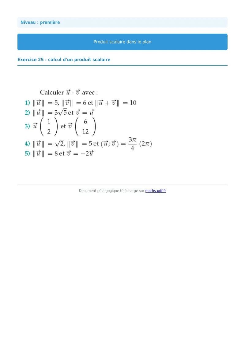 Produit scalaire dans le plan : exercice n°25 de maths en première corrigé en PDF